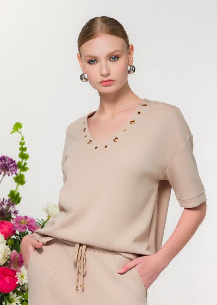 Marrow Gromit  V-Neck Detail Sweater , Color: Sand, Size: M