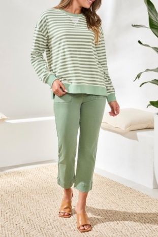 Crew Neck Stripe Combo Sweater , Color: Moss, Size: M