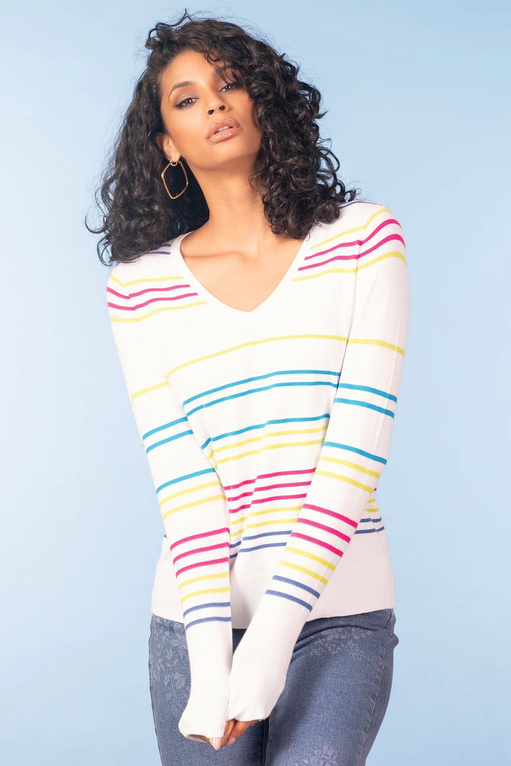 Multi Stripe V-Neck Sweater , Color: Sample, Size: S