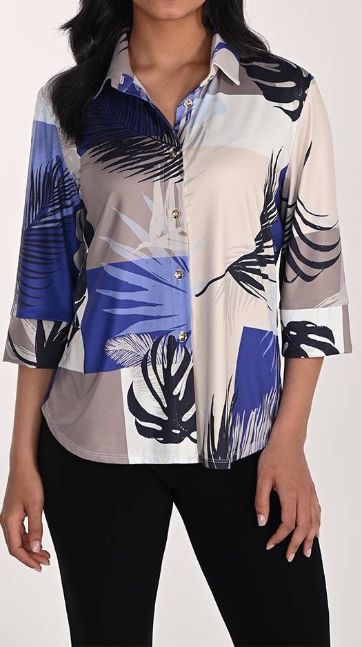 Leaf Print Half Zip Blouse, Color: Peri/ Beige, Size: 8