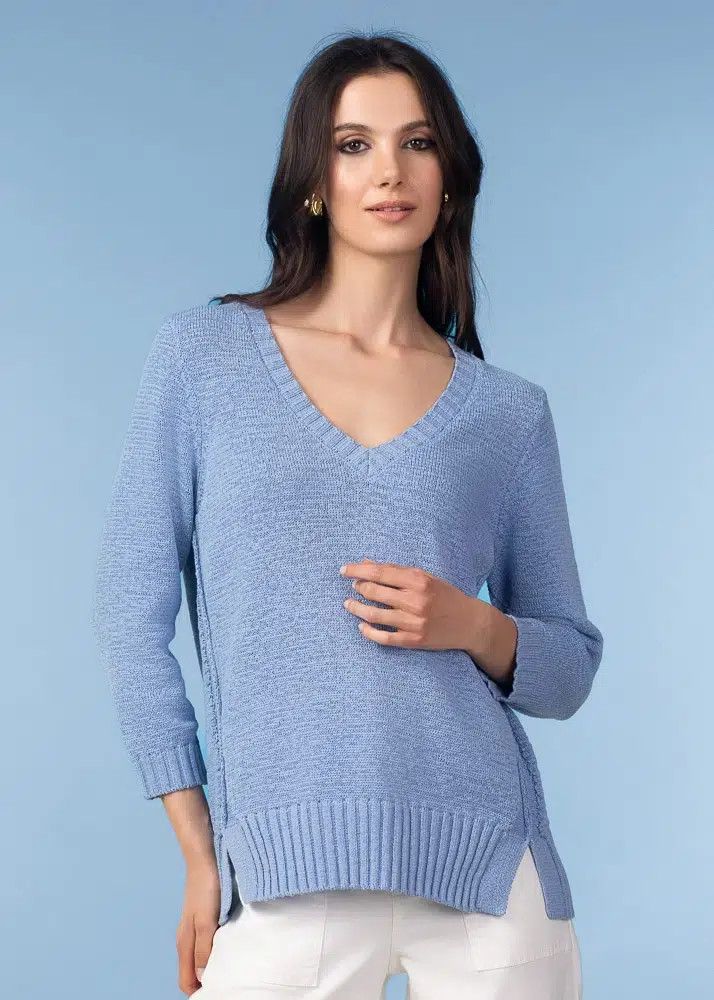 V-Neck 3/4 Sleeve Knit Top, Color: Blue, Size: M