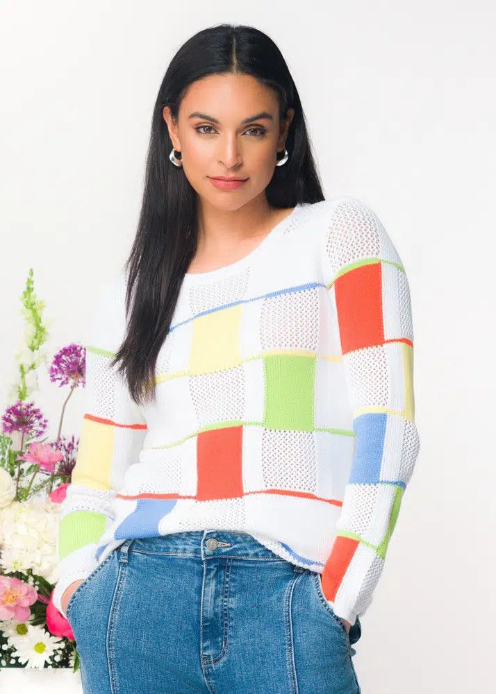 Colour Block Knit Sweater , Color: White/ Mix, Size: S