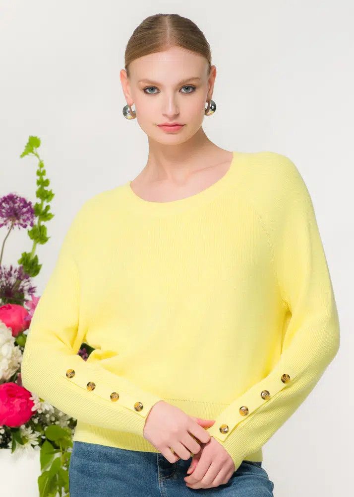 Round Neck Sweater w/ Button Sleeve Detail , Color: Yellow, Size: XS