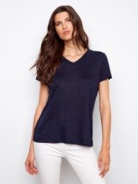Linen V-Neck T-Shirt , Color: Navy, Size: S