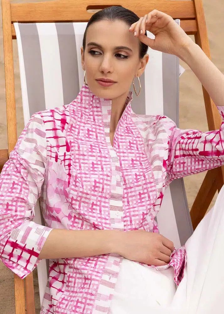 Fluted Neck 3/4 Sleeve Cotton Blouse, Color: Fuchsia, Size: XS