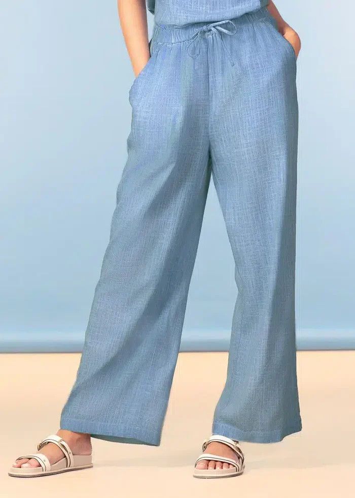 Linen Wide Leg Drawstring Pant, Color: Lt.Blue, Size: S