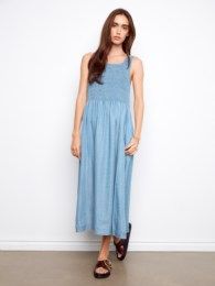 Tencel Sleeveless Smocked Maxi Dress, Color: Soft Blue, Size: XS