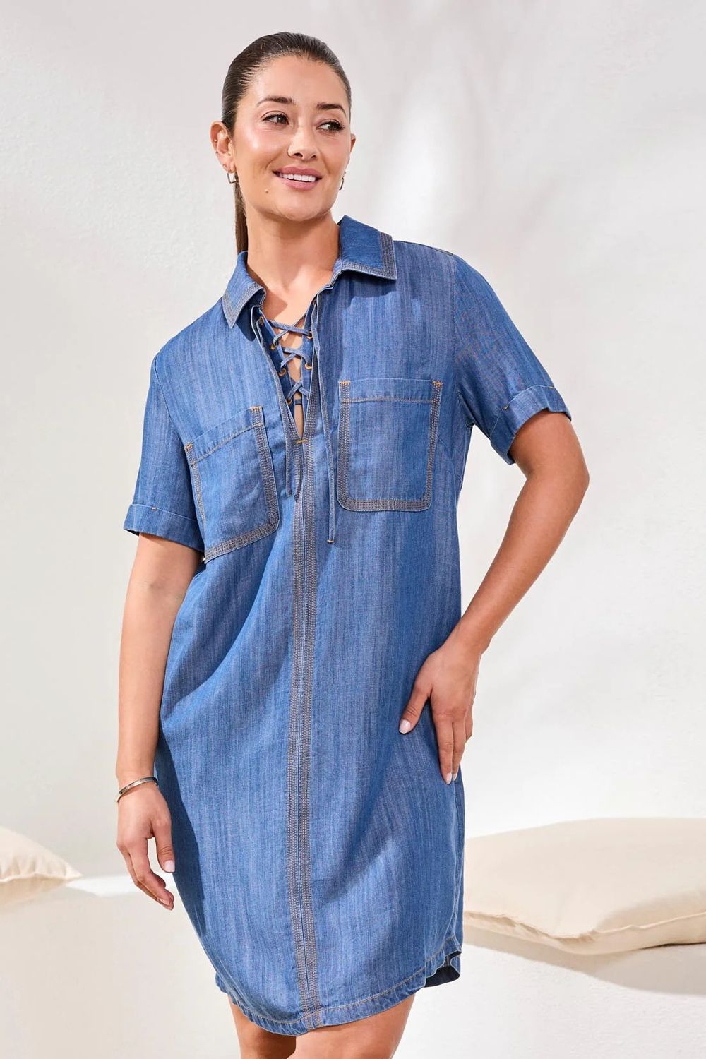 PopOver Denim Tencel Shirt Dress, Color: SeaSide Blue, Size: XS