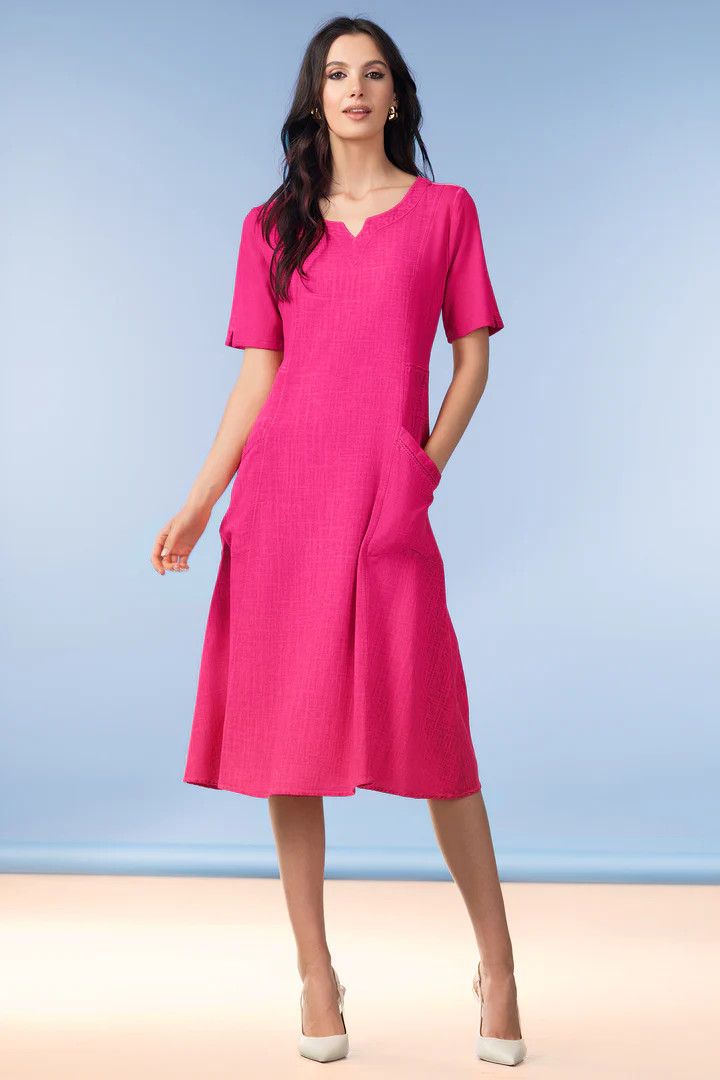 Mix Panel Linen Dress, Color: Pink, Size: S