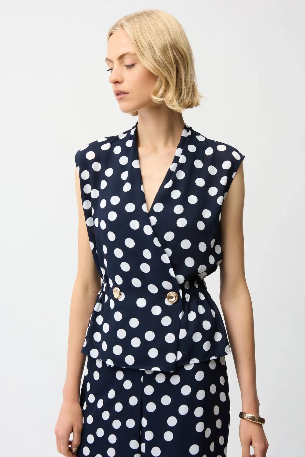 Dot Print Wrap Top w/ Gold Buttons Blouse, Color: Mid-Night/ Vanilla, Size: 6