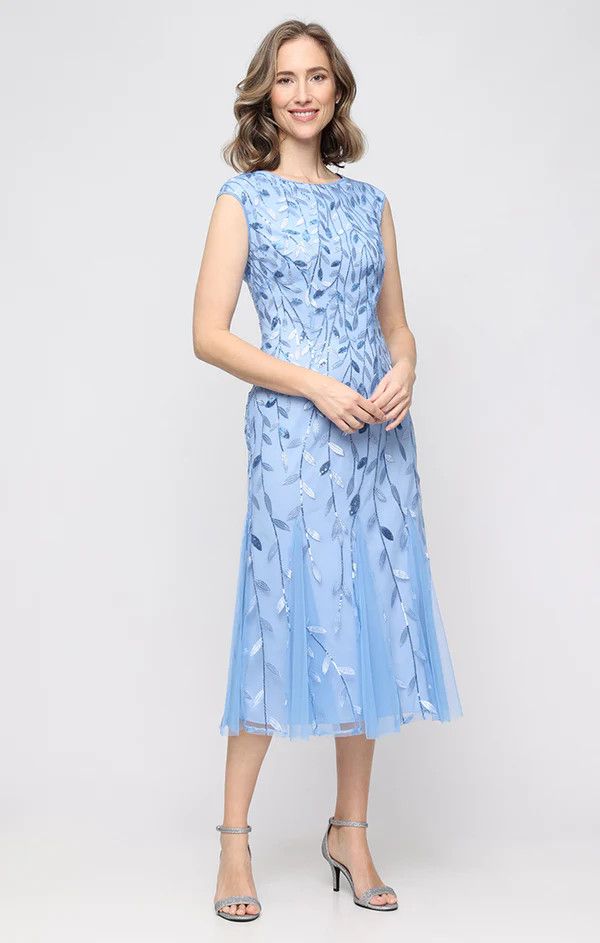 Embroidered Dress w/ Godet Detail Skirt , Color: Hydrangea, Size: 6
