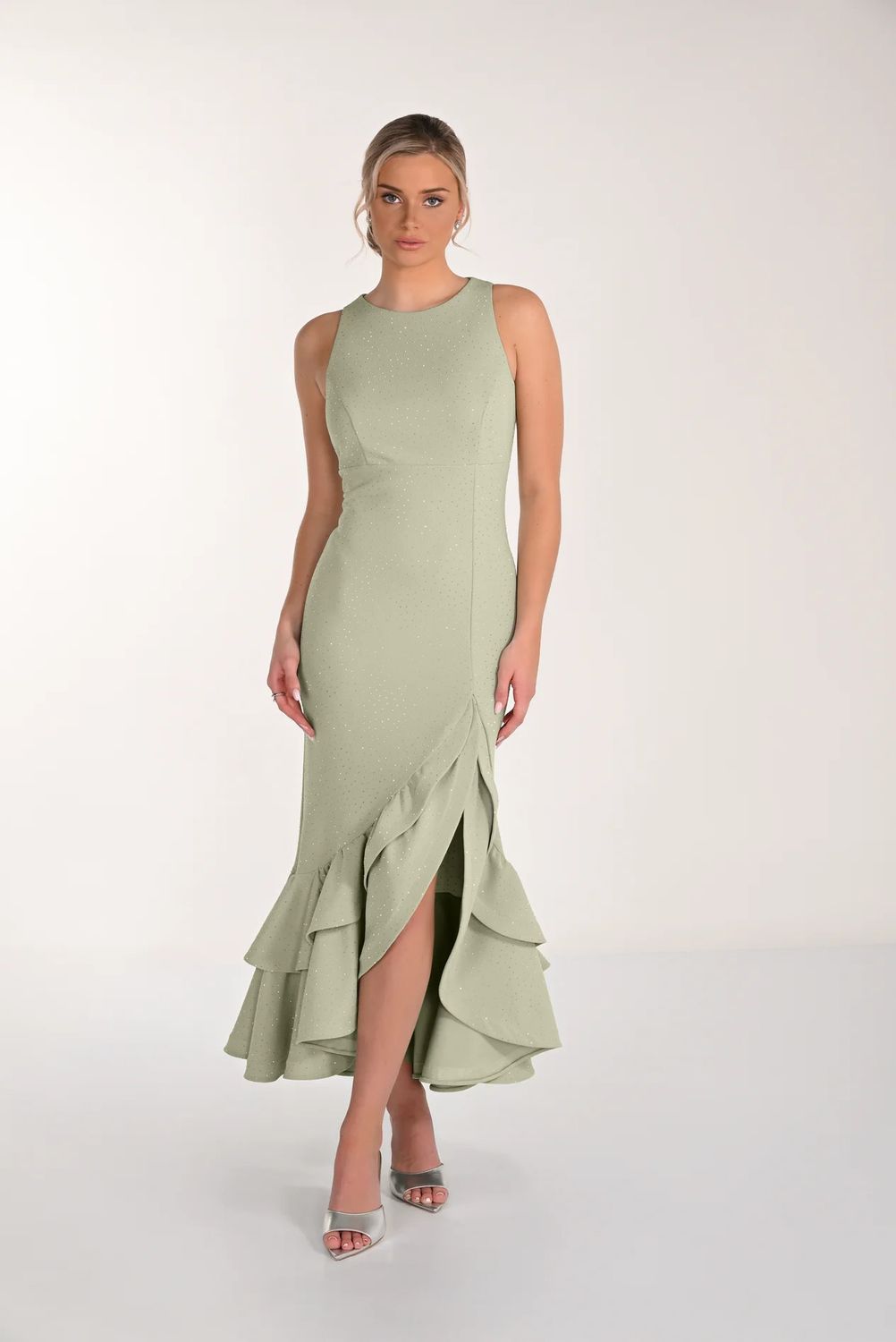 Embellished Asymmetrical Double Ruffle Hem, Color: Green Tea, Size: 8