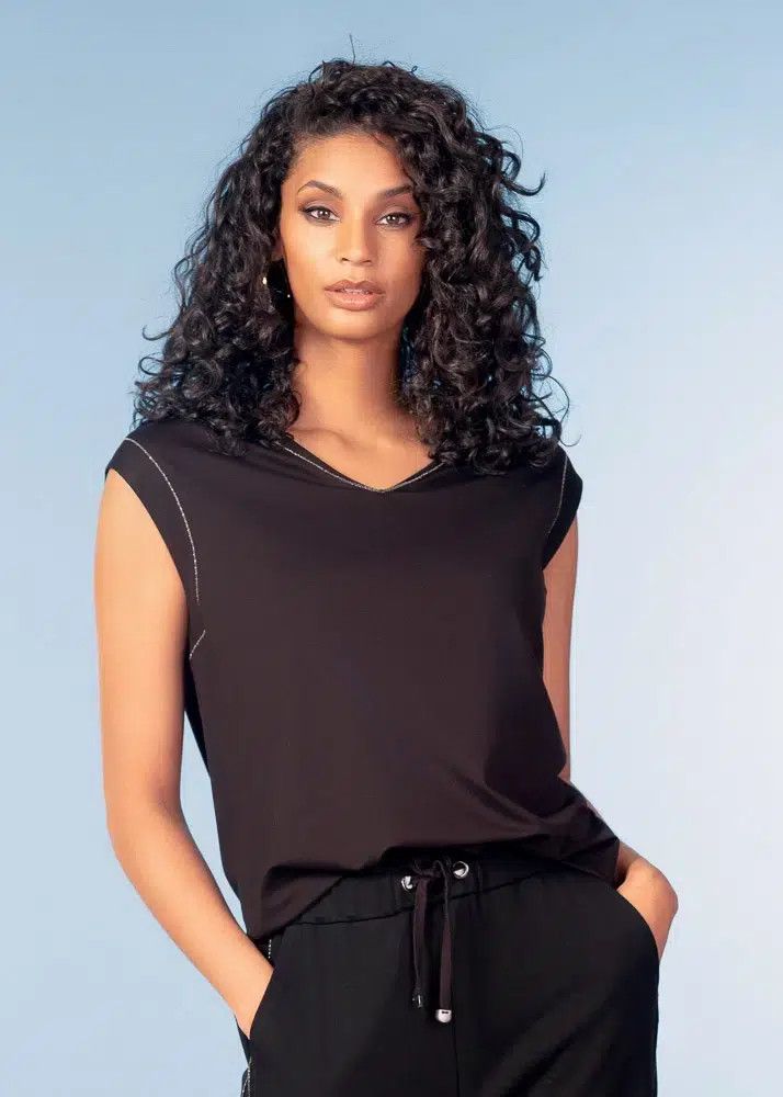 Cap Sleeve V-Neck T-Shirt , Color: Black, Size: S