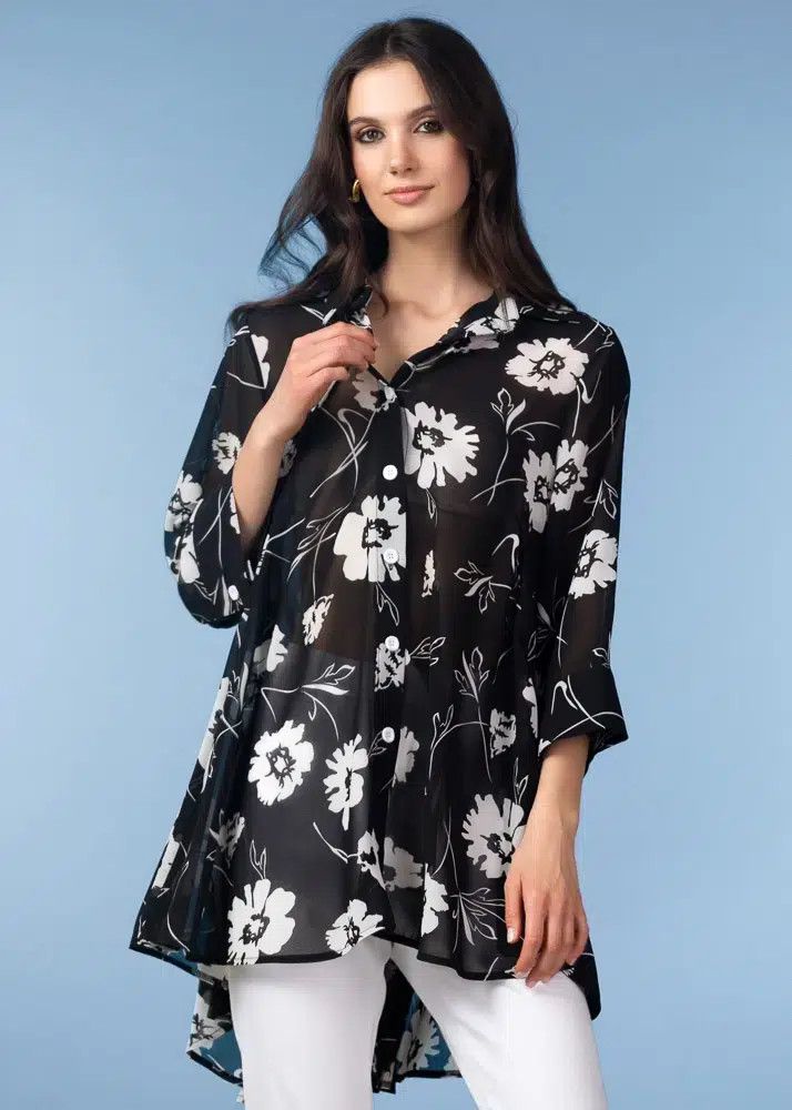 Floral Long Flowing Blouse, Color: Black/ White, Size: S