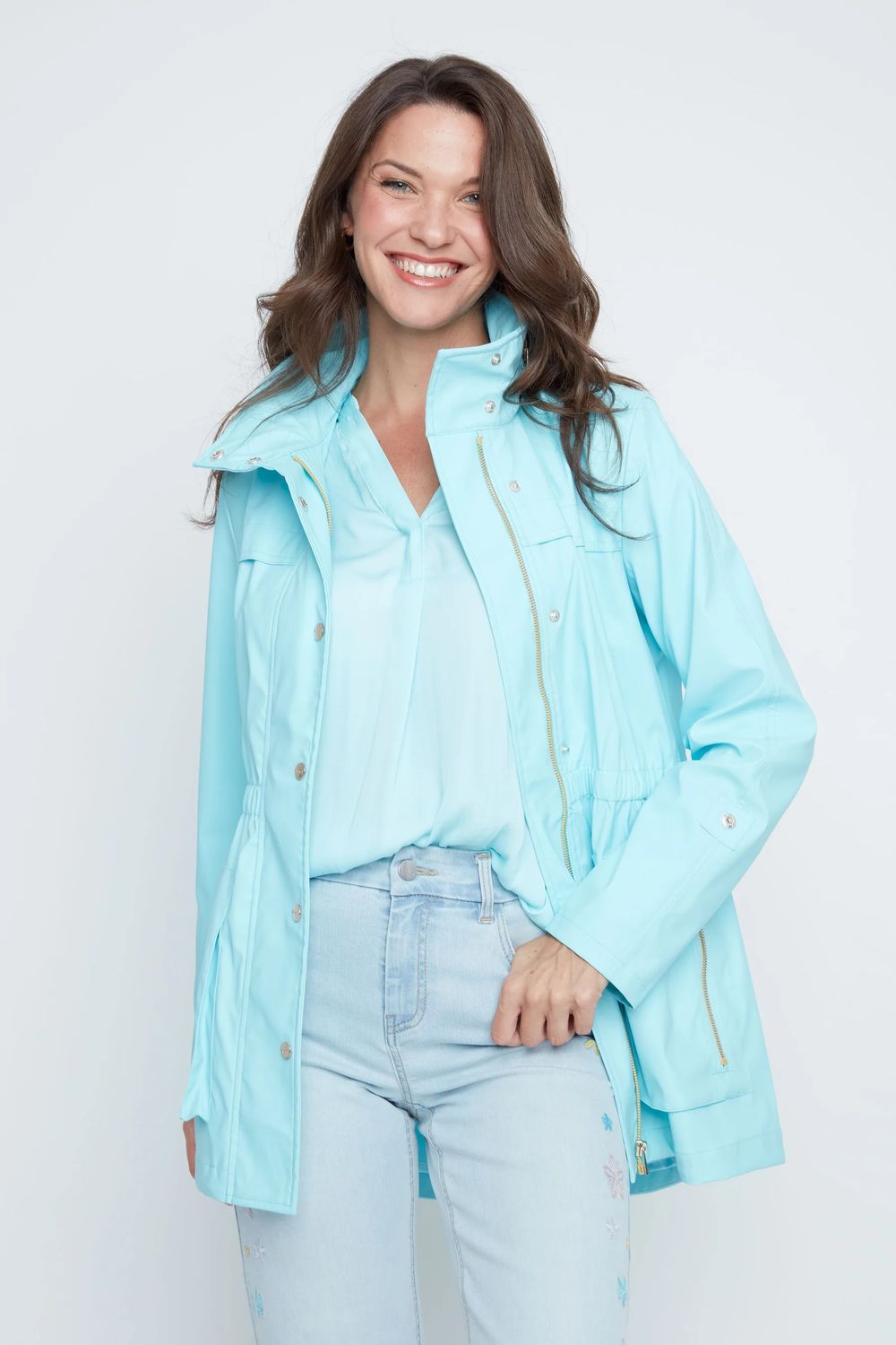 Tuck-Away Hood RainCoat, Color: Capri, Size: XS