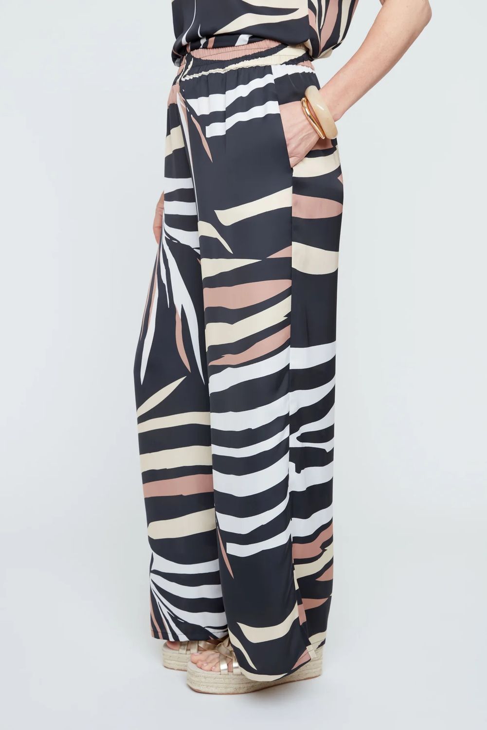 Palm Print Wide Flow Pant, Color: Mocha Blend, Size: S