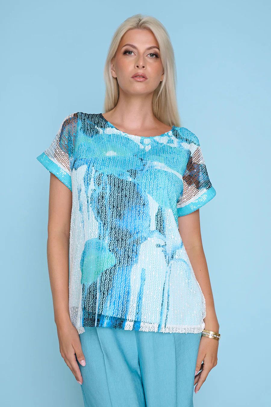 Mesh Contrast Cuff Print T-shirt , Color: Lagoon Multi, Size: S