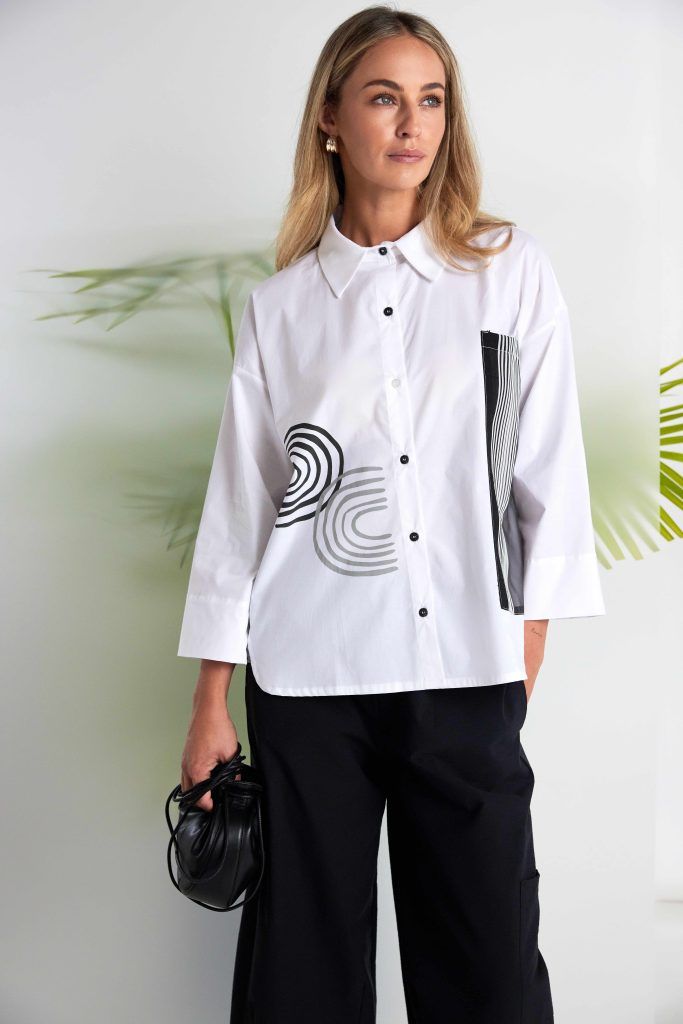 Placement Print Stripe Blouse , Color: White/ Black, Size: 0