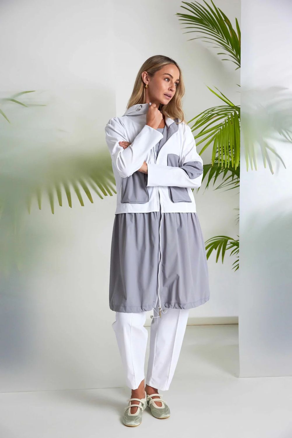 Contrast Drawstring Hooded Jacket , Color: White/ Dove, Size: 2