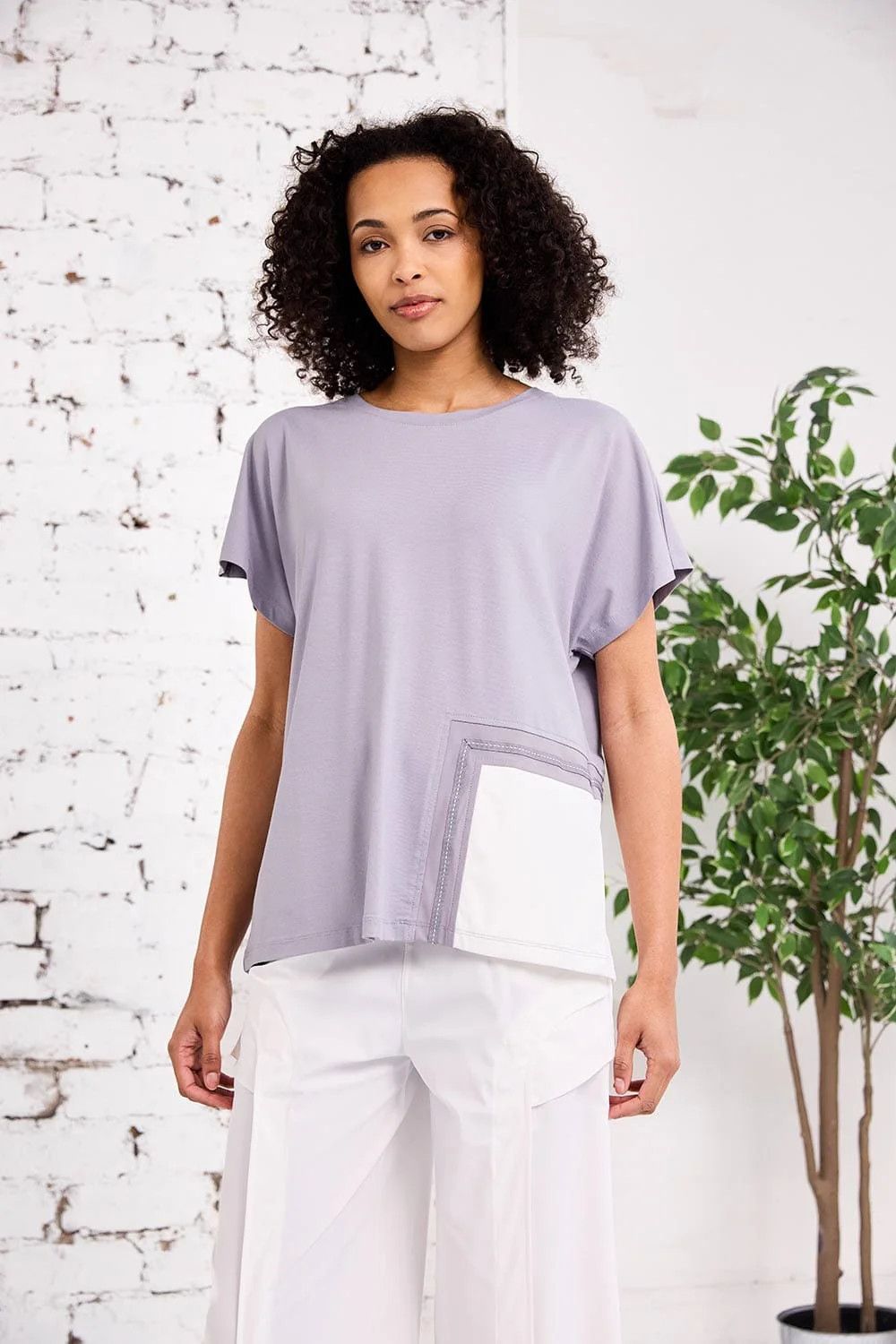 Round Neck Stitch Detail Top, Color: Dove/ White, Size: 1