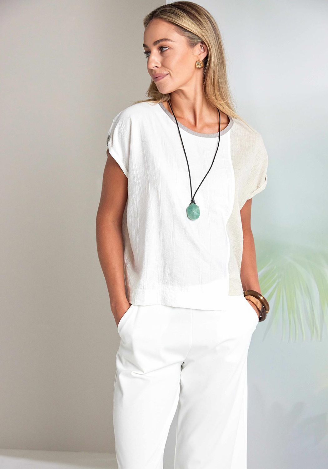 Linen Contrast Panel Top, Color: Pebble, Size: 0