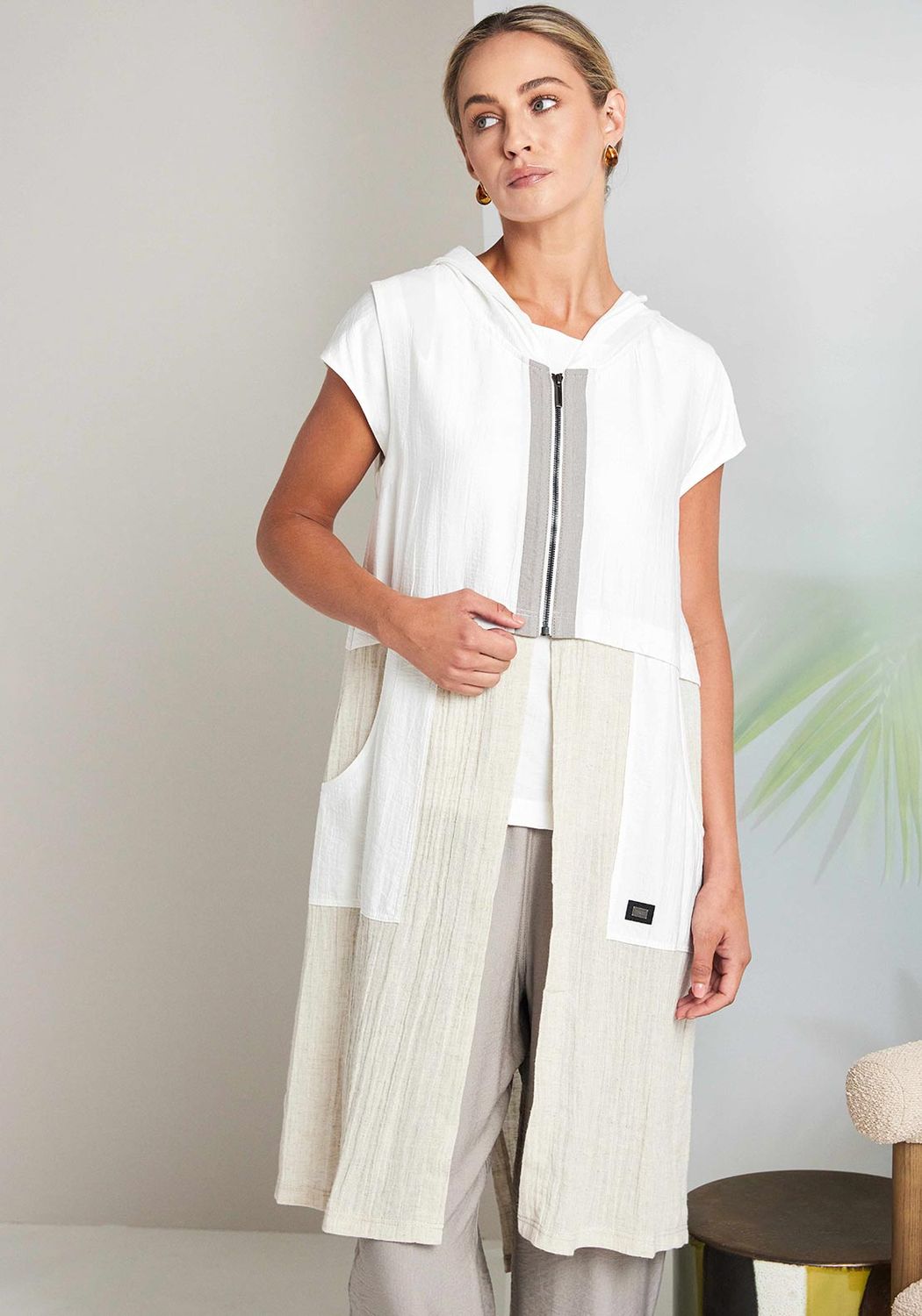 Hooded Linen Long Contrast Gilet , Color: Pebble, Size: 1