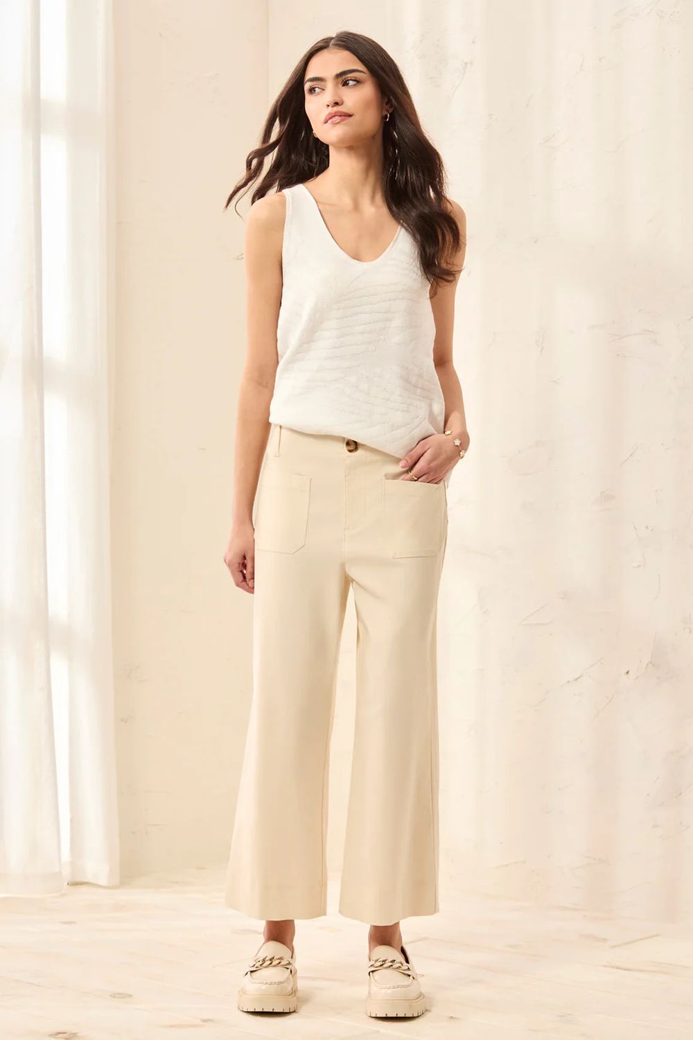 Button- Front Wide Twill Pant , Color: Canvas, Size: 8