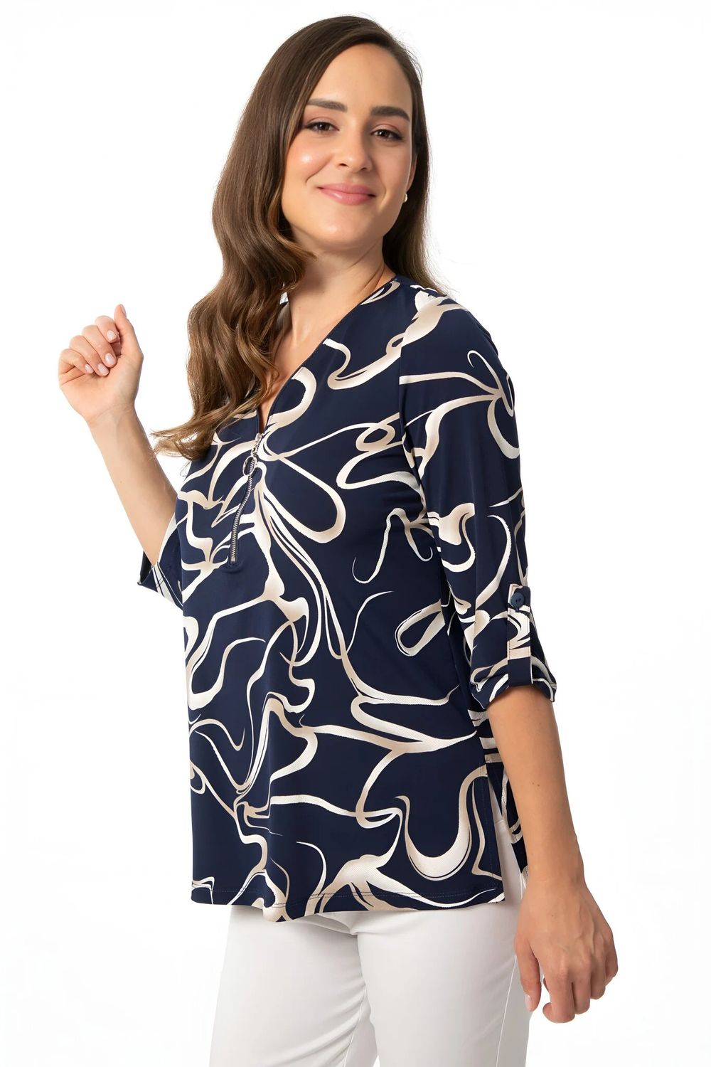 Zip V-Neck 3/4 Sleeve Print Top, Color: Navy/ Beige, Size: M