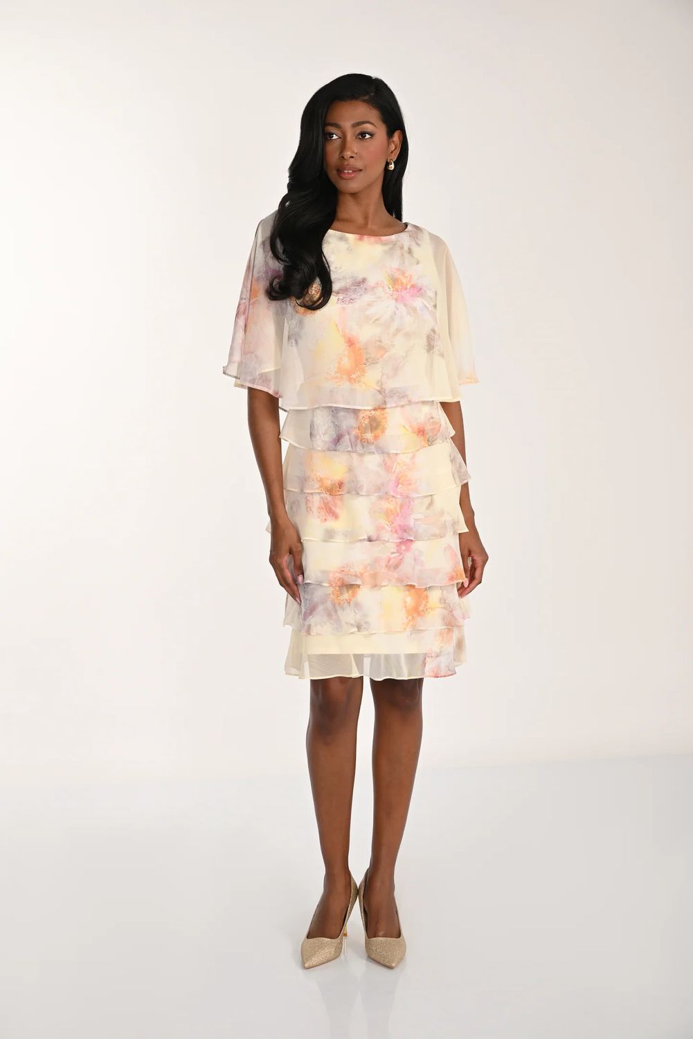 Floral Print Tiered Chiffon Dress, Color: Custard/ Pink, Size: 12