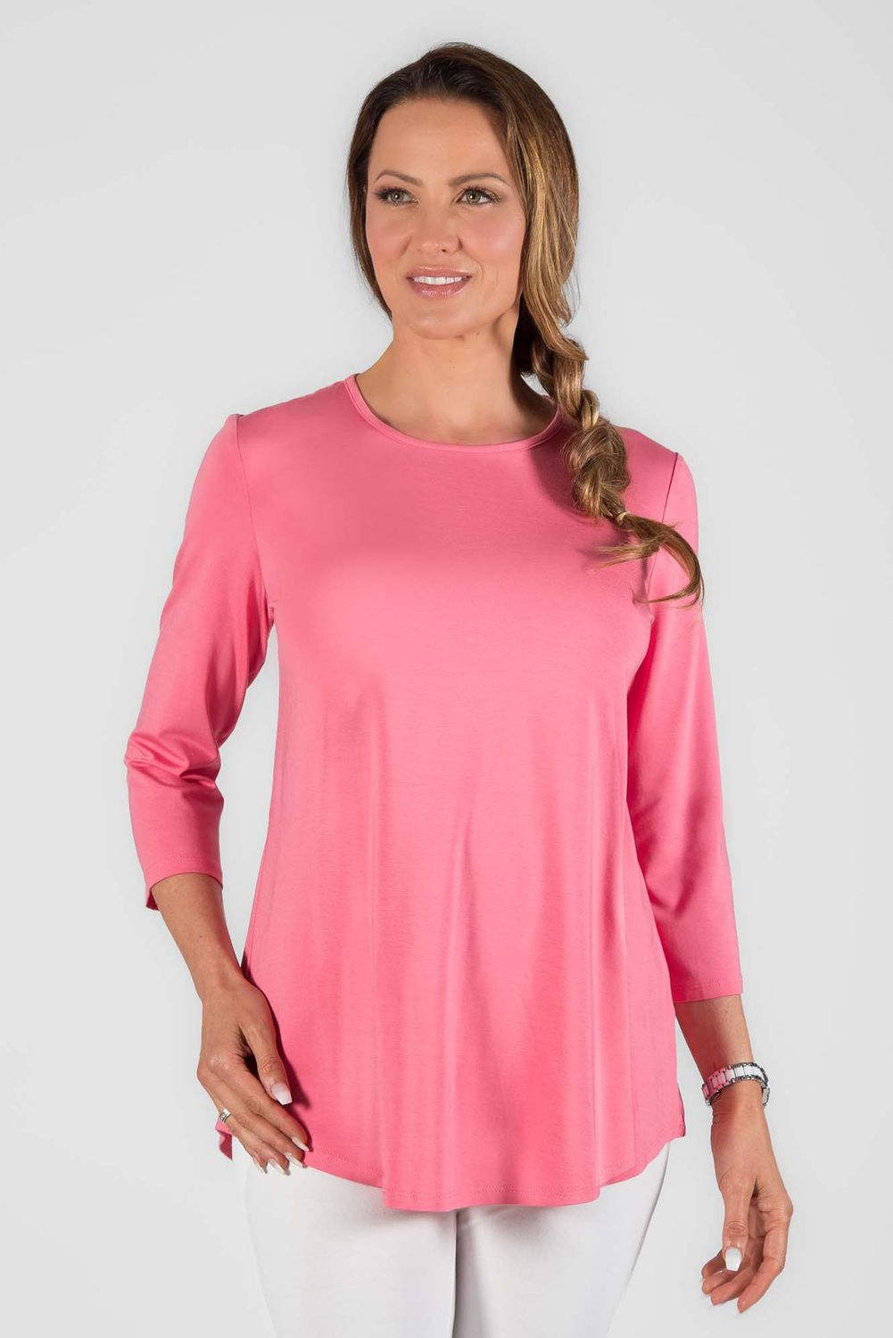 Crew Neck 3/4 Sleeve T-Shirt , Color: Tulip Pink, Size: M