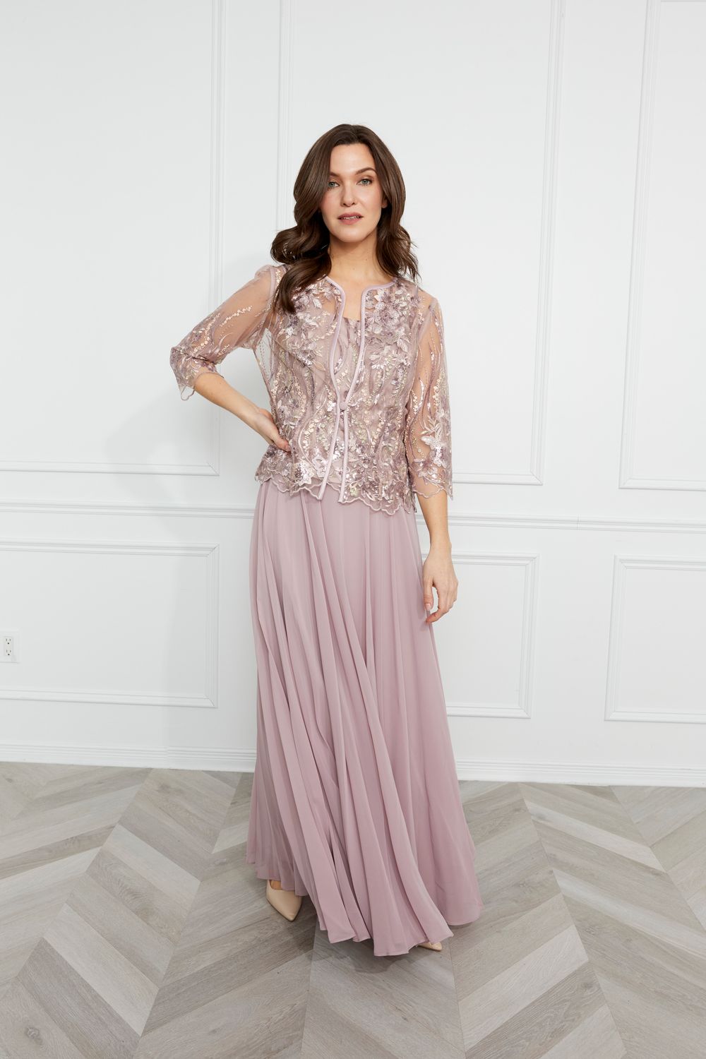 2Pc Floral Sequin jkt Chiffon skirt, Color: Blush, Size: 8