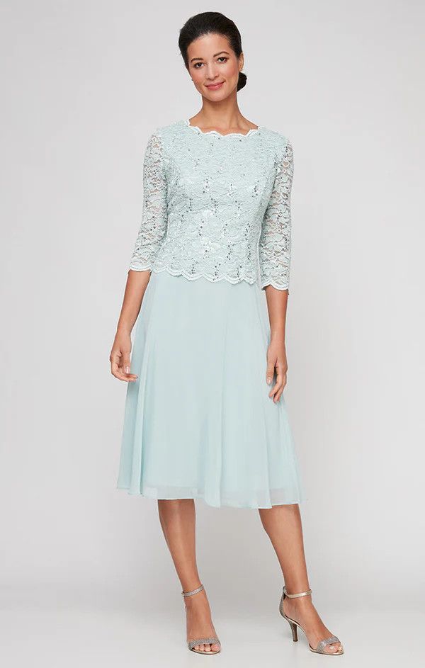 Sequin Lace Mock Tea Length Dress, Color: Fresh Mint, Size: 6