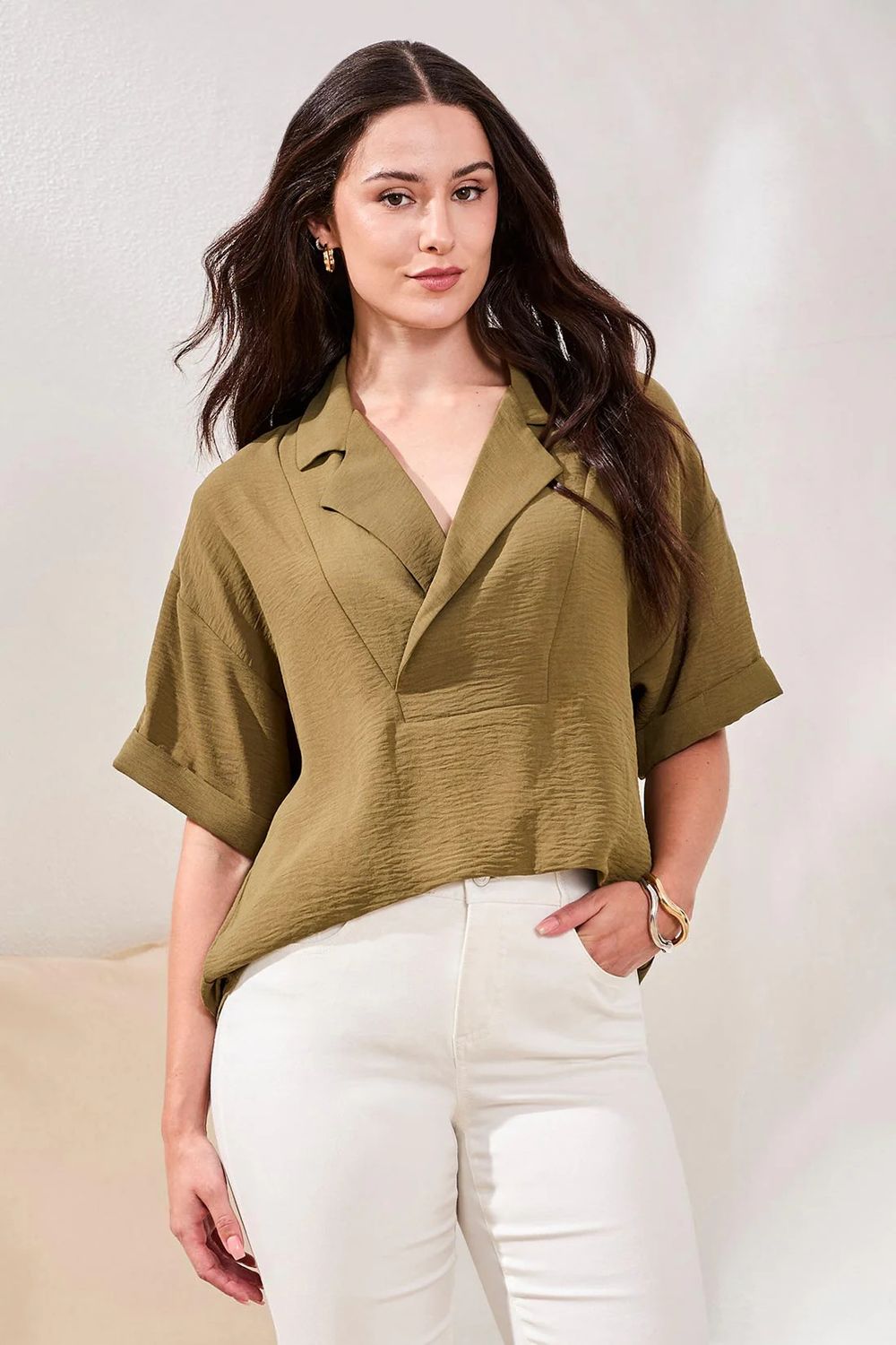 Draped  Lapel Collar AirFlow Top, Color: RainForest, Size: S