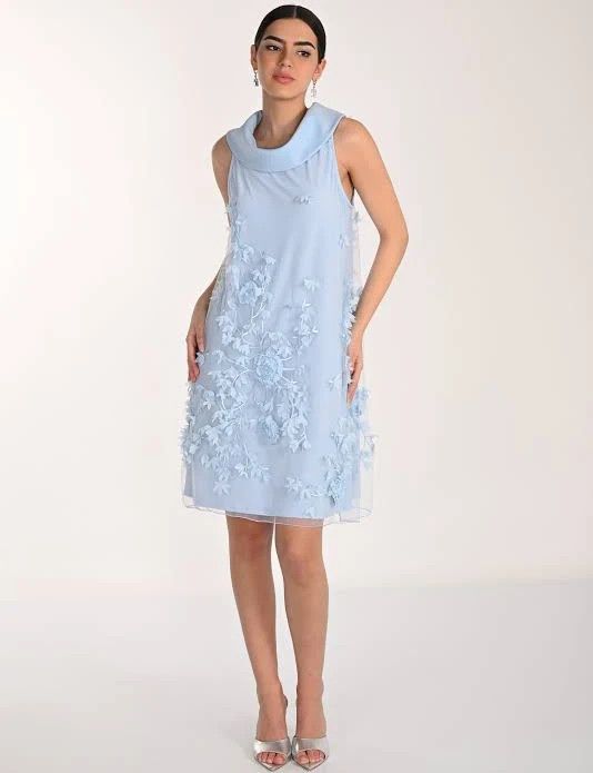 Cowl Neck Floral Applique Cocktail Dress, Color: Ice Blue, Size: 10