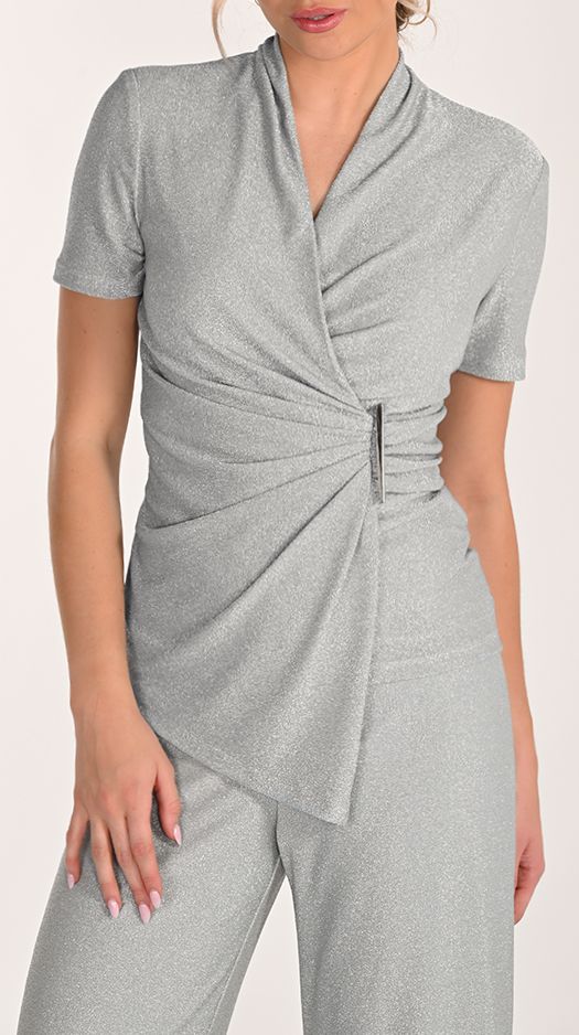 2pc Ruched detail top w/ matching Pant , Color: Aqua/ Silver, Size: 6