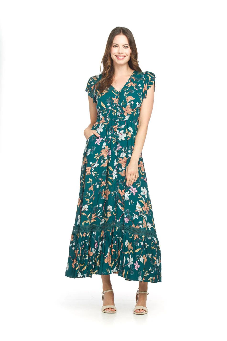 Floral Button-Front Maxi Dress, Color: Teal, Size: L