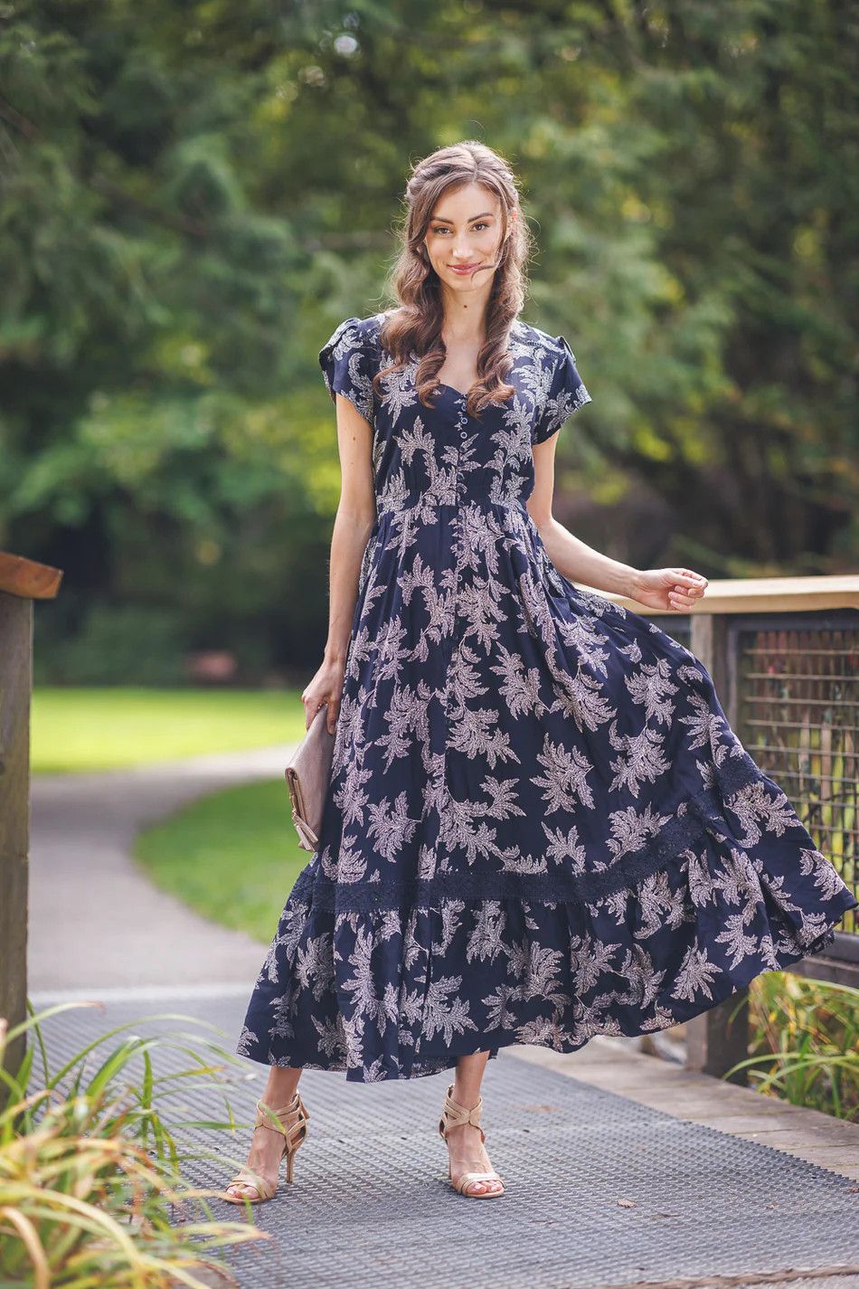 Lace Inset Tulip Sleeve Ikat Print Maxi, Color: Navy, Size: S