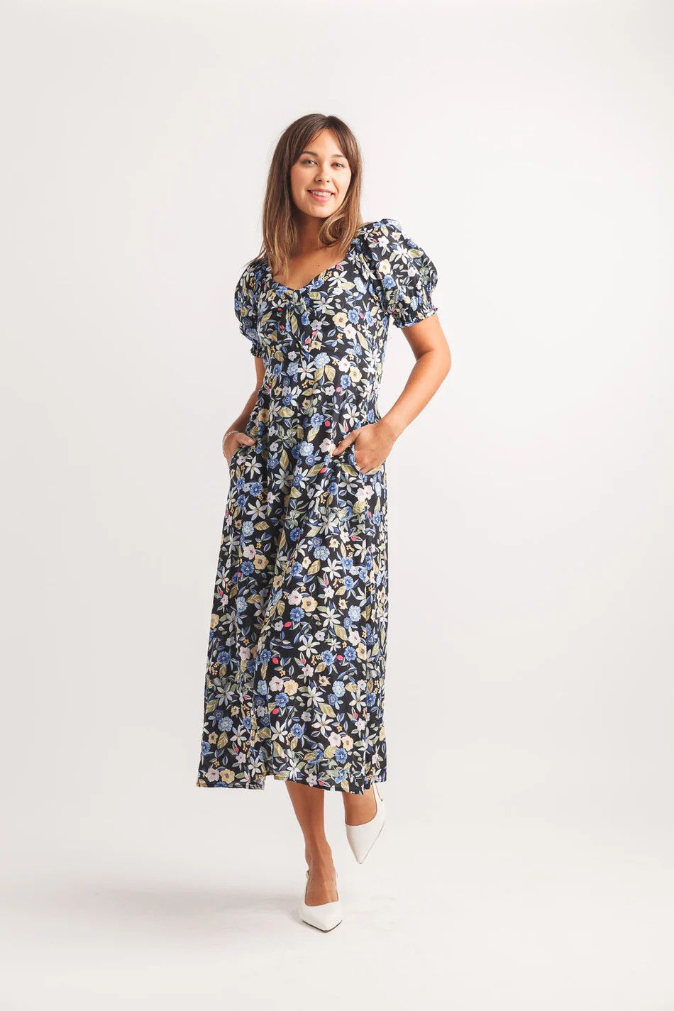 Floral Puff Sleeve Maxi Dress, Color: Black/ Mix, Size: S