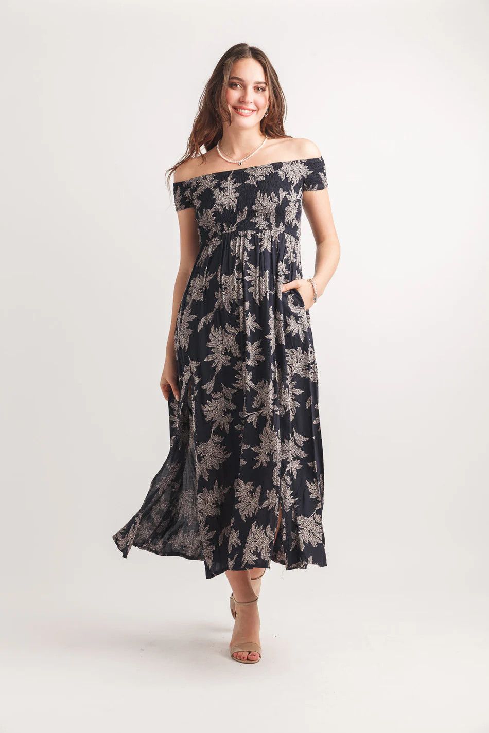Smocked Off-Shoulder Print Maxi, Color: Navy/ Beige, Size: M