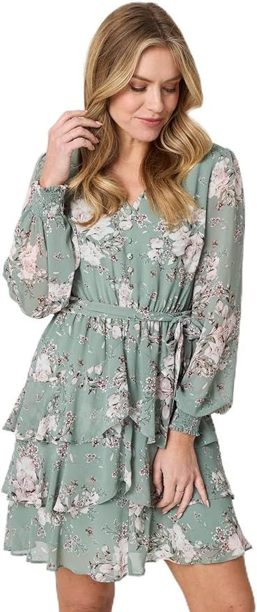 Floral Multi Tier Chiffon Sleeve Midi, Color: Sage, Size: S