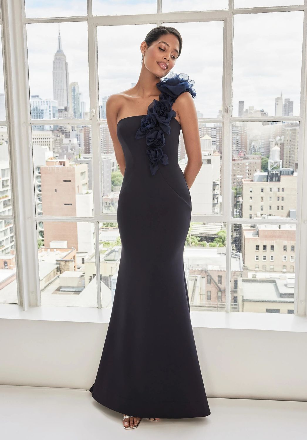 One-Shoulder Floral Drape Scuba Evening Gown, Color: Navy, Size: 12