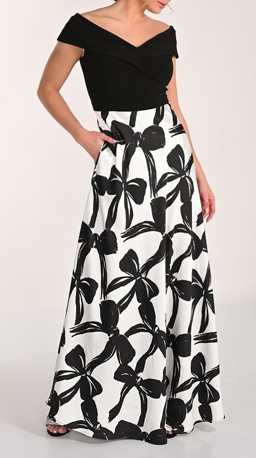 Off-Shoulder Bow Pattern Maxi Dress, Color: Ivory/ Black, Size: 10