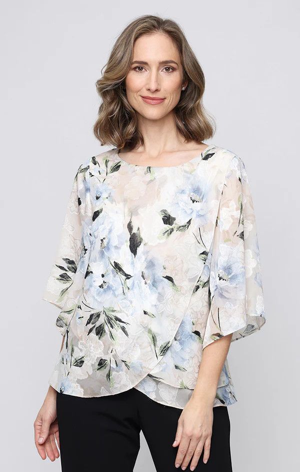 Chiffon Tulip Overlay Petite Blouse, Color: Taupe/ Multi, Size: S