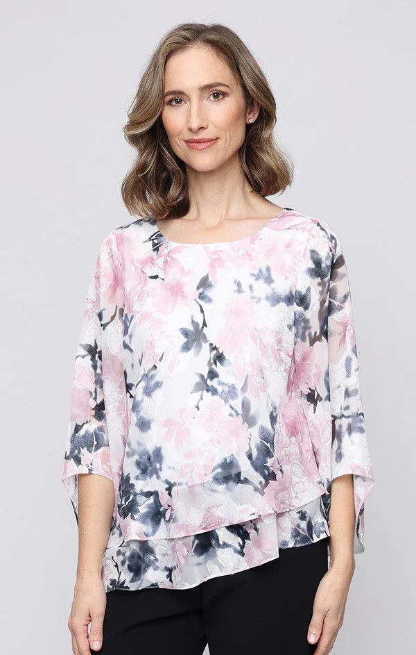 Asymmetric Print Chiffon Hem, Color: Ivory/ Pink, Size: S