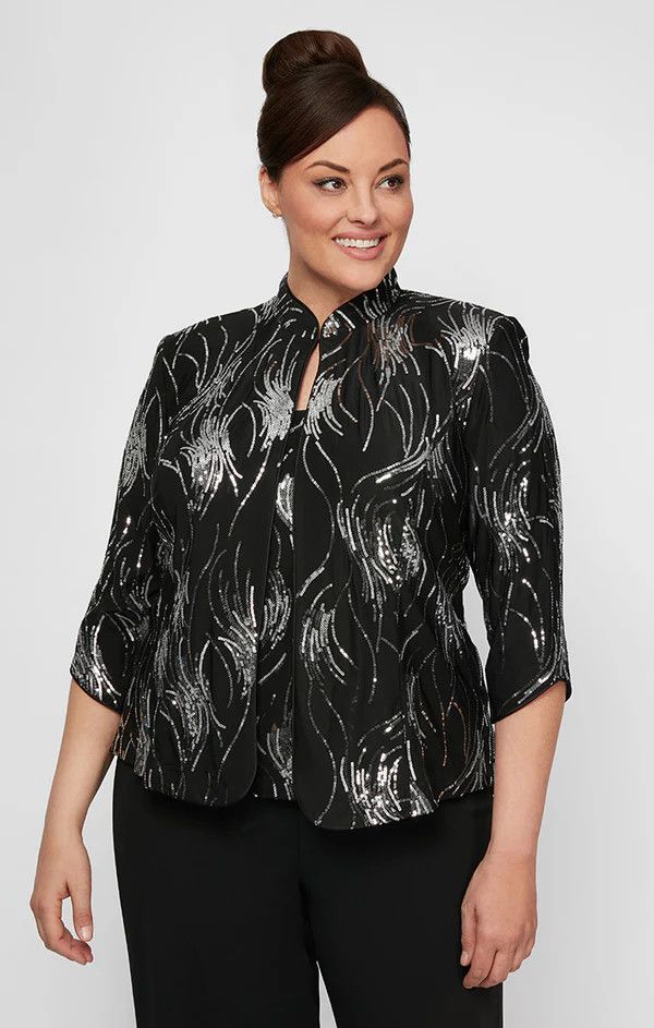 Firework Sequin  Mandarin Collar Twinset , Color: Black/ Silver, Size: 1X