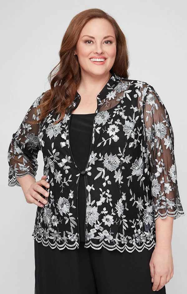 Embroidered Lace Jkt Twinset , Color: Black/ Silver, Size: 1X