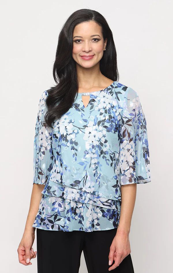Burnout Chiffon Tiered Blouse , Color: Mint/ Multi, Size: M