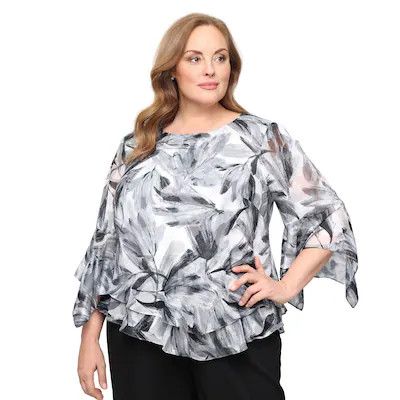 Asymmetrical Print Chiffon Blouse , Color: Black/ White, Size: 1X