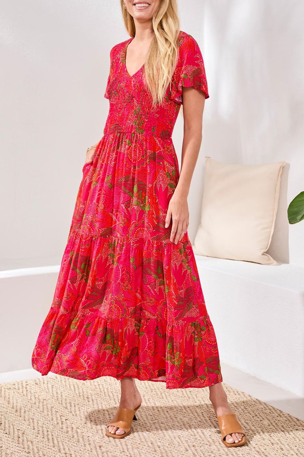 Short Sleeve Ruched Maxi Dress, Color: Sangria, Size: S
