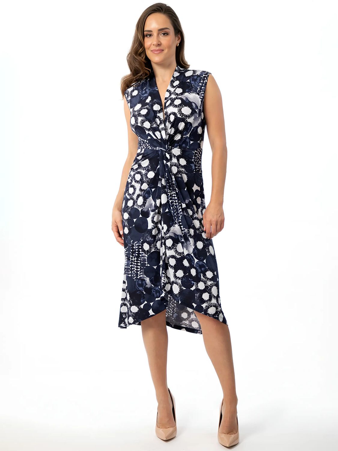 Draped Floral Sleeveless Dress , Color: Navy/ White, Size: M